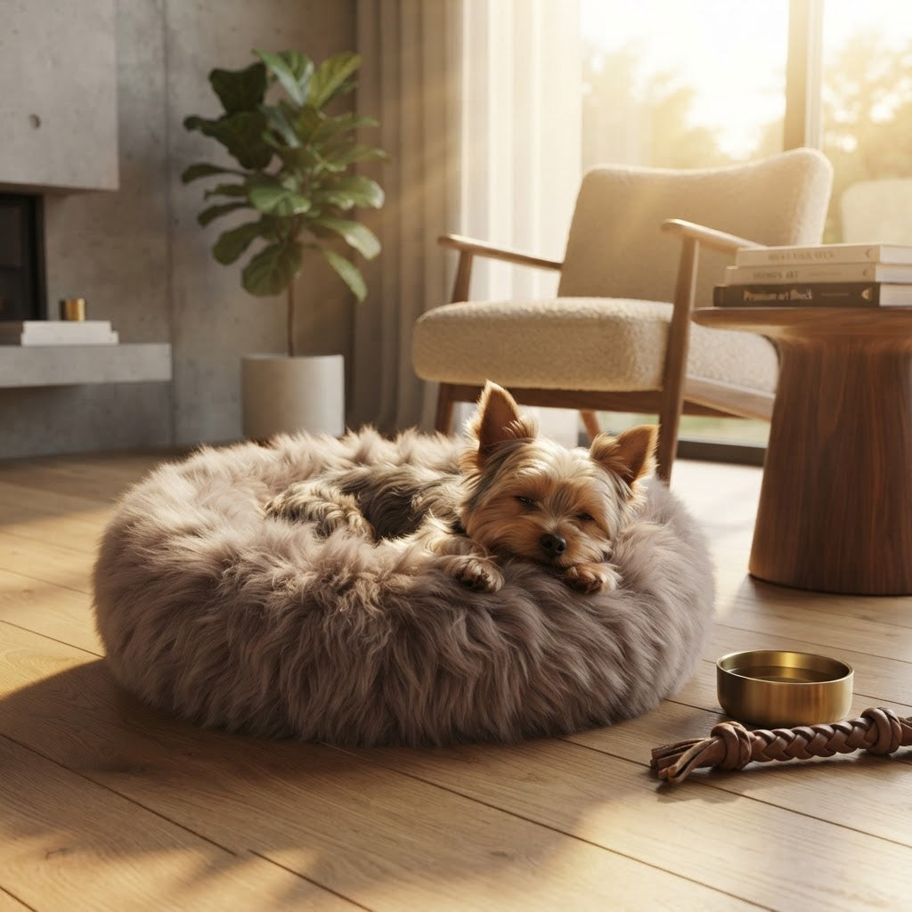 Handmade Natural Sheepskin Calming Pet Bed | Orvica - Greige